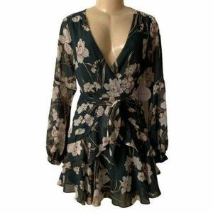 LUXXEL Long Sleeve Floral Dress Green Cream S